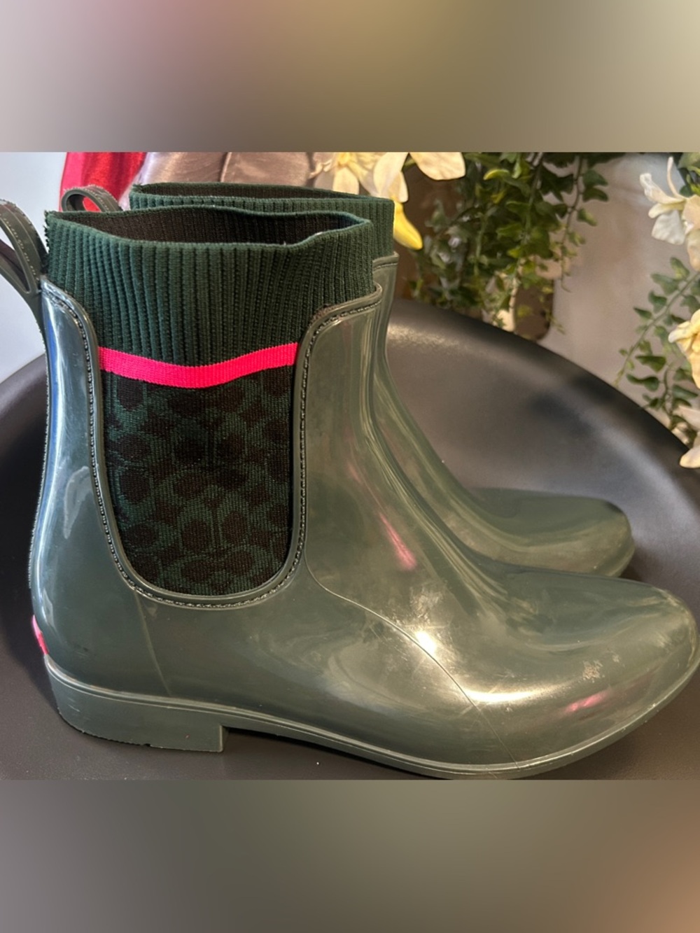 Coach Green Glossy Rain Ankle Boots with Pink Accent